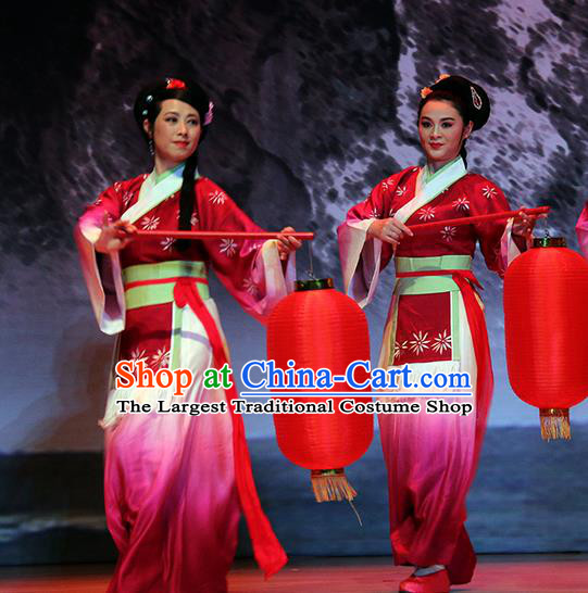 Chinese Huangmei Opera Servant Female Garment Costumes and Headpieces Su Dongpo Traditional Anhui Opera Maidservant Dress Apparels