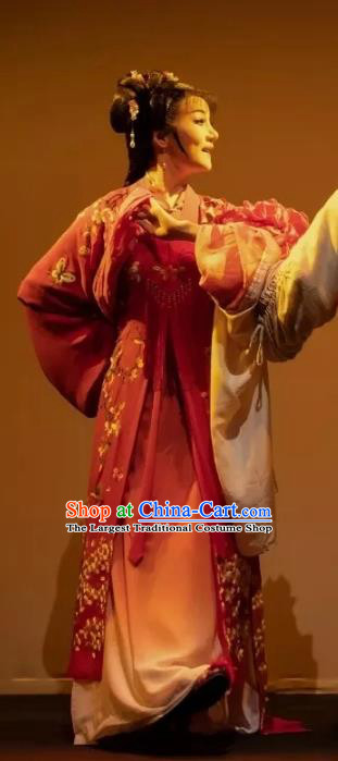 Chinese Huangmei Opera Xue Lang Gui Wang Baochuan Garment Costumes and Headpieces Traditional Anhui Opera Actress Red Dress Young Female Apparels