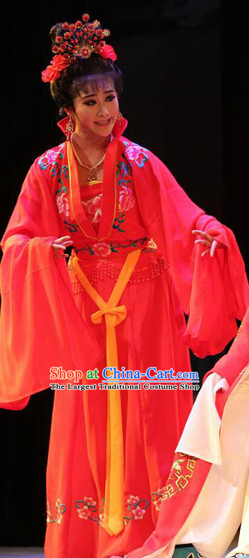 Chinese Huangmei Opera Actress Wedding Garment Costumes and Headpieces True and False Groom Traditional Anhui Opera Bride Red Dress Apparels