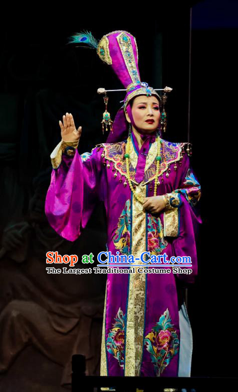 Chinese Huangmei Opera Diva Purple Garment Costumes and Headdress Ji Mo Han Qing Traditional Anhui Opera Queen Dress Apparels