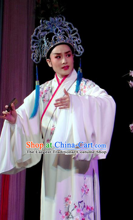 The Bridal Chamber Chinese Classical Shaoxing Opera Young Male Costumes Garment Yue Opera Apparels Xiao Sheng Embroidered White Robe and Hat