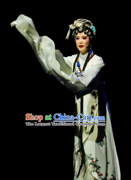Chinese Huangmei Opera Hua Tan Garment Costumes and Headpieces Ji Mo Han Qing Traditional Anhui Opera Diva White Dress Apparels