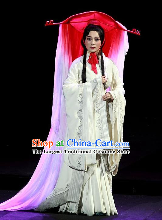 Chinese Huangmei Opera Actress White Garment Costumes and Headdress Xiao Qiao Chu Jia Traditional Anhui Opera Diva Hua Tan Dress Apparels