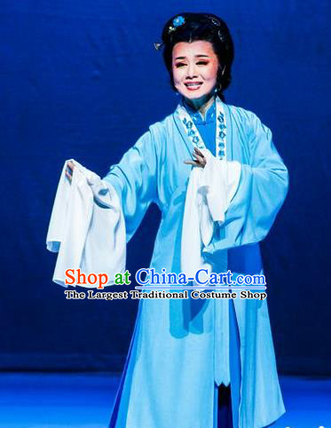 Chinese Huangmei Opera Dame Garment Costumes and Headpieces Censor Lady Traditional Anhui Opera Elderly Female Blue Dress Apparels