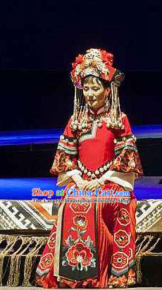 Chinese Huangmei Opera Tujia Nationality Bride Garment Costumes and Headdress Traditional Anhui Opera Actress Red Dress Apparels
