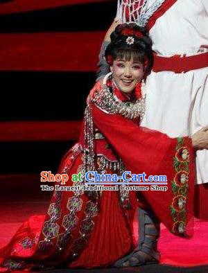 Chinese Huangmei Opera Tujia Nationality Bride Garment Costumes and Headdress Traditional Anhui Opera Actress Red Dress Apparels