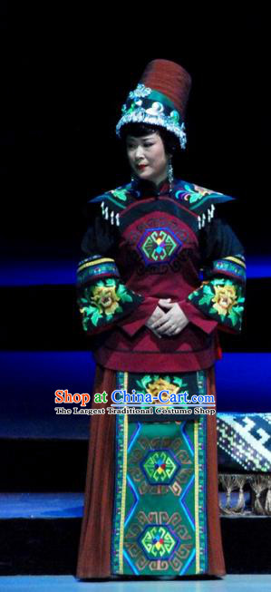 Chinese Huangmei Opera Tujia Nationality Elderly Female Garment Costumes and Headdress Traditional Anhui Opera Dress Ethnic Apparels