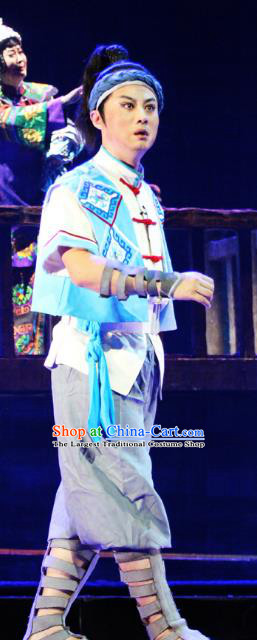 Chinese Huangmei Opera Tujia Nationality Costumes and Headwear An Hui Opera Ethnic Young Male A Long Apparels Clothing