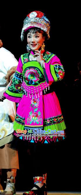 Chinese Huangmei Opera Tujia Nationality Girl A Duo Garment Costumes and Headdress Traditional Anhui Opera Young Lady Dress Apparels