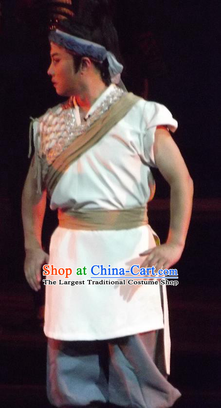 Chinese Huangmei Opera Tujia Nationality Boatman A Long Costumes and Headwear An Hui Opera Ethnic Apparels Young Man Clothing