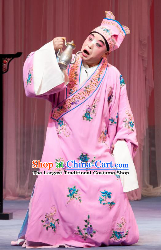 Geng Niang Chinese Ping Opera Clown Young Male Costumes and Headwear Pingju Opera Robber Wang Shiba Pink Apparels Clothing