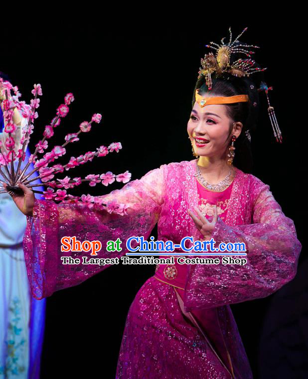 Chinese Huangmei Opera Diva Garment Costumes and Headpieces Dream of Red Mansions Traditional Anhui Opera Noble Female Rosy Dress Apparels