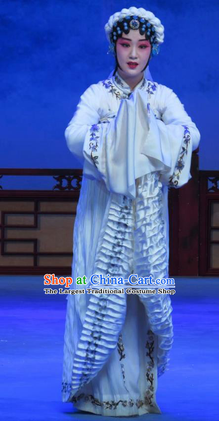 Chinese Ping Opera Widow Zhu Hen Ji Apparels Costumes and Headdress Traditional Pingju Opera Distress Maiden Zhao Jintang White Dress Garment