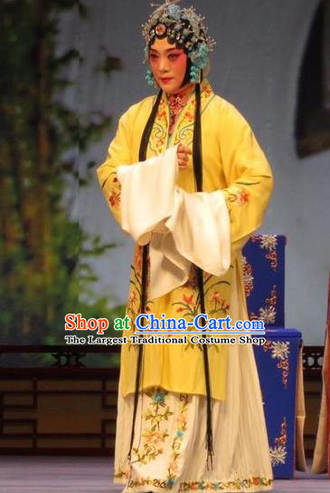 Chinese Ping Opera Diva Wang Sanqiao Apparels Costumes and Headdress Zhen Zhu Shan Traditional Pingju Opera Hua Tan Yellow Dress Garment