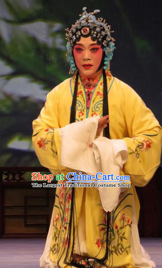 Chinese Ping Opera Diva Wang Sanqiao Apparels Costumes and Headdress Zhen Zhu Shan Traditional Pingju Opera Hua Tan Yellow Dress Garment