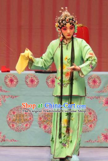 Chinese Ping Opera Servant Girl Green Costumes and Headdress Zhen Zhu Shan Traditional Pingju Opera Young Lady Dress Garment Apparels