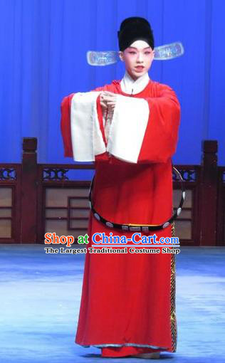 Zhu Hen Ji Chinese Ping Opera Young Male Zhu Chundeng Costumes and Headwear Pingju Opera Xiaosheng Apparels Red Official Clothing