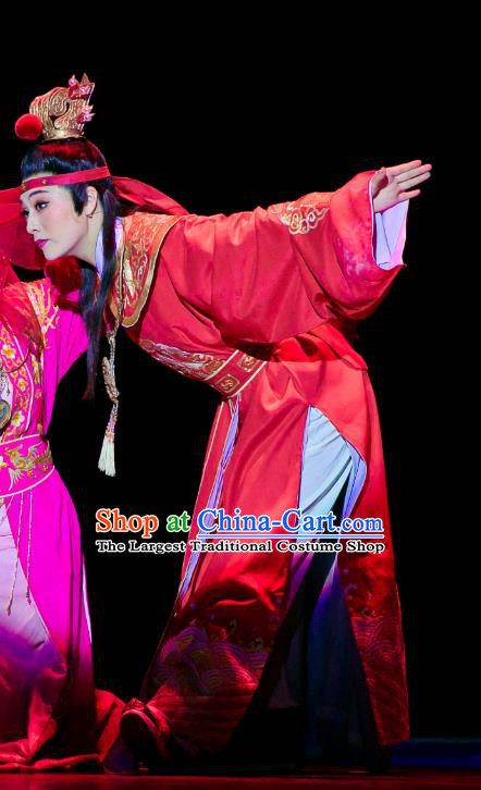 Dream of Red Mansions Chinese Huangmei Opera Niche Jia Baoyu Costumes and Headwear Chun Jiang Yue An Hui Opera Scholar Red Apparels Clothing