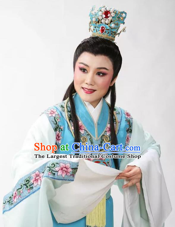 Chinese Shaoxing Opera Niche Jia Baoyu Apparels Dream of the Red Chamber Garment Costumes Yue Opera Young Male Blue Robe and Headpieces