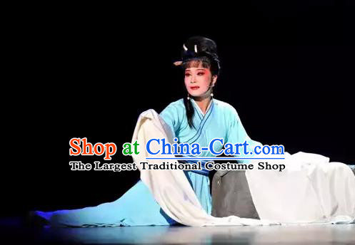 Chinese Shaoxing Opera Civilian Female The Story of Hairpin Qian Yulian Blue Dress Costumes Yue Opera Actress Apparels Garment and Hair Ornament