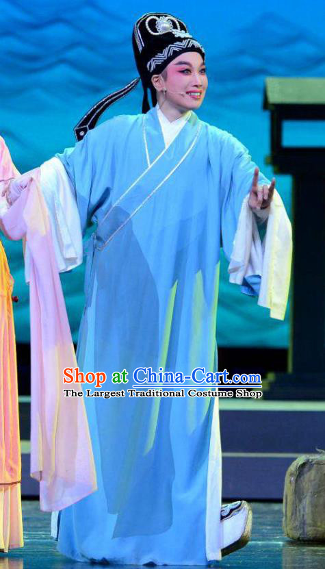Chinese Yue Opera Poor Scholar Apparels The Story of Hairpin Garment Shaoxing Opera Young Male Wang Shipeng Robe Costumes and Hat Complete Set