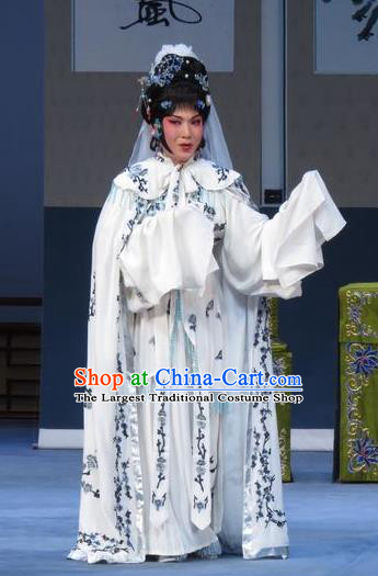 Chinese Ping Opera Distress Maiden Costumes Apparels and Headpieces Xue Yu Bing Shuang Traditional Pingju Opera Diva Qin Xuemei White Dress Garment