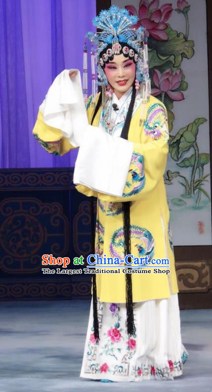 Chinese Ping Opera Noble Female Zhan Fei Costumes Apparels and Headpieces Qian Kun Belt Shuang Traditional Pingju Opera Diva Yellow Dress Garment