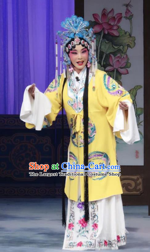 Chinese Ping Opera Noble Female Zhan Fei Costumes Apparels and Headpieces Qian Kun Belt Shuang Traditional Pingju Opera Diva Yellow Dress Garment