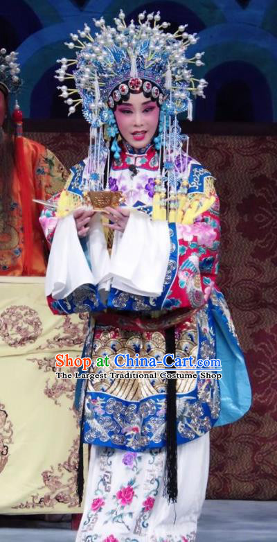 Chinese Ping Opera Hua Tan Embroidered Robe Costumes Apparels and Headdress Qian Kun Belt Shuang Traditional Pingju Opera Actress Dress Garment