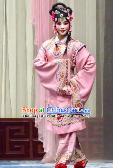 Chinese Ping Opera Xiao Dan Costumes Yu He Qiao Apparels and Headdress Traditional Pingju Opera Young Lady Pink Dress Garment