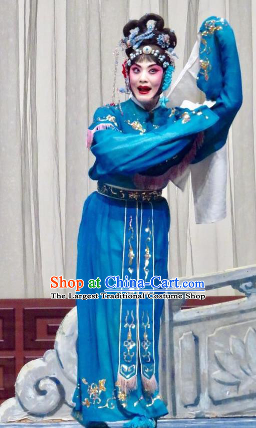 Chinese Ping Opera Hua Tan Costumes Yu He Qiao Apparels and Headpieces Traditional Pingju Opera Diva Ke Baozhu Blue Dress Garment