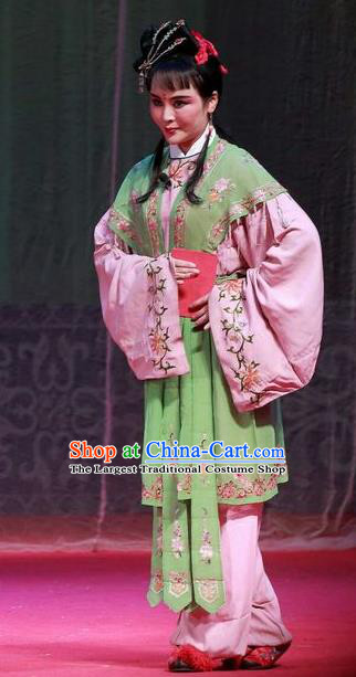 Chinese Ping Opera Xiao Dan Costumes Yu He Qiao Apparels and Headpieces Traditional Pingju Opera Maidservant Green Dress Garment