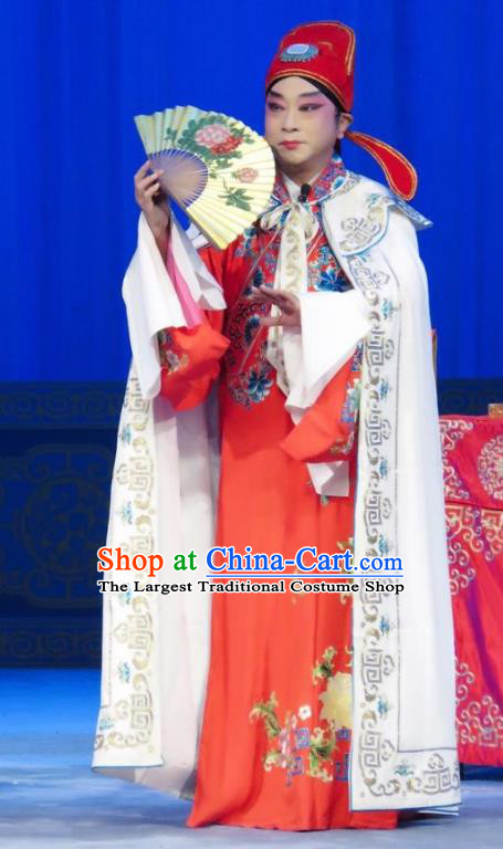 The Wrong Red Silk Chinese Ping Opera Scholar Xue Chunlin Costumes Pingju Opera Young Male Apparels Clothing and Hat