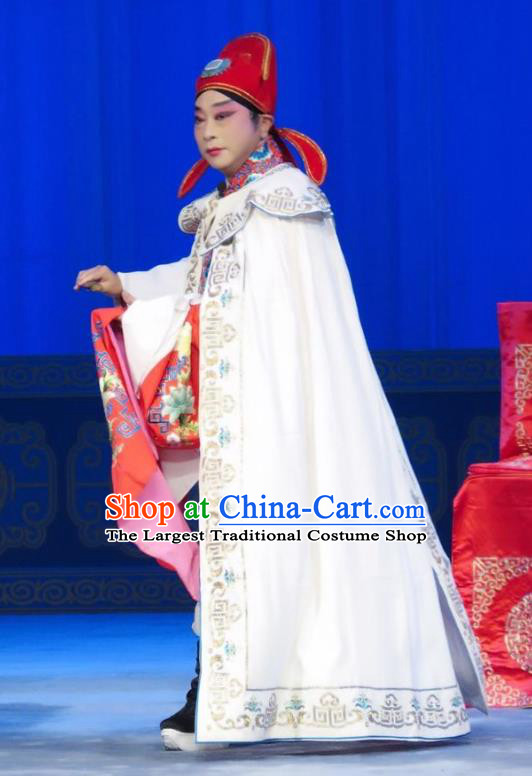 The Wrong Red Silk Chinese Ping Opera Scholar Xue Chunlin Costumes Pingju Opera Young Male Apparels Clothing and Hat