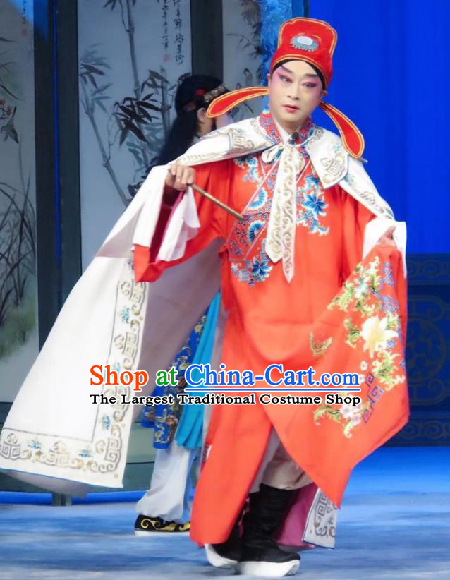 The Wrong Red Silk Chinese Ping Opera Scholar Xue Chunlin Costumes Pingju Opera Young Male Apparels Clothing and Hat