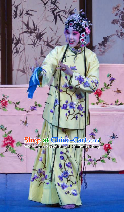 Chinese Ping Opera Hua Tan Li Yue E Costumes Flower a Matchmaker Apparels and Headpieces Traditional Pingju Opera Diva Yellow Dress Garment