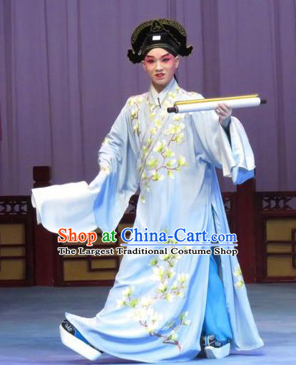 Flower a Matchmaker Chinese Ping Opera Xiaosheng Costumes Pingju Opera Young Male Apparels Scholar Wang Junqing Clothing and Hat