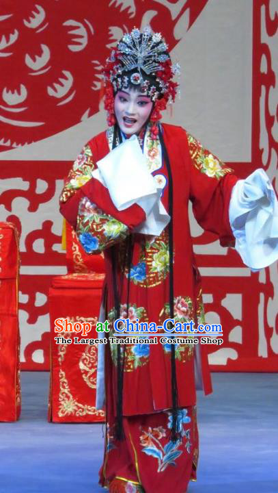 Chinese Ping Opera Bride Li Yue E Flower a Matchmaker Wedding Apparels Costumes and Headdress Traditional Pingju Opera Hua Tan Red Dress Garment