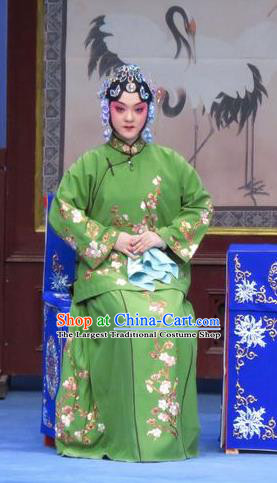 Chinese Ping Opera Young Lady Green Flower a Matchmaker Costumes and Headdress Traditional Pingju Opera Xiandan Dress Garment Apparels