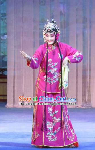 Chinese Ping Opera Flower a Matchmaker Young Lady Costumes and Headdress Traditional Pingju Opera Xiandan Dress Garment Young Female Rosy Apparels