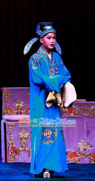 Nao Yan Fu Chinese Ping Opera Costumes and Headwear Pingju Opera Xiaosheng Apparels Clothing Scholar Zeng Rong Blue Robe