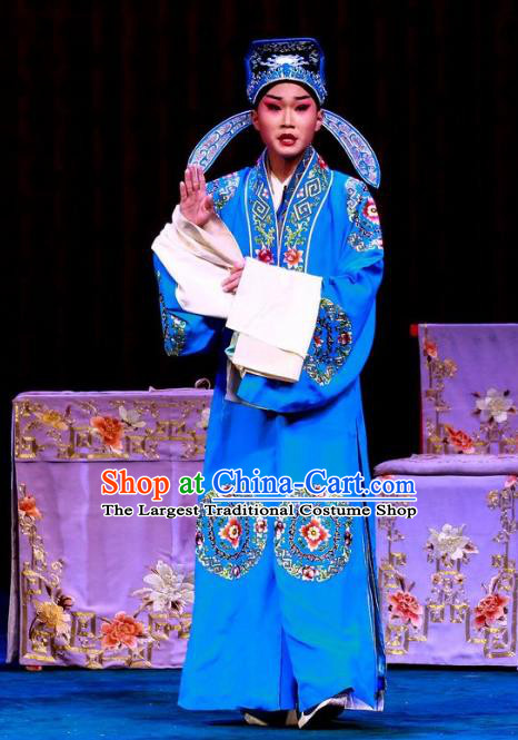 Nao Yan Fu Chinese Ping Opera Costumes and Headwear Pingju Opera Xiaosheng Apparels Clothing Scholar Zeng Rong Blue Robe