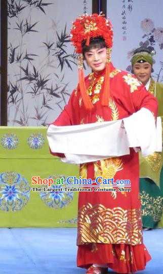 Chinese Ping Opera Bride Apparels Costumes and Headdress Yuan Yang Pu Traditional Pingju Opera Sun Run Red Dress Garment