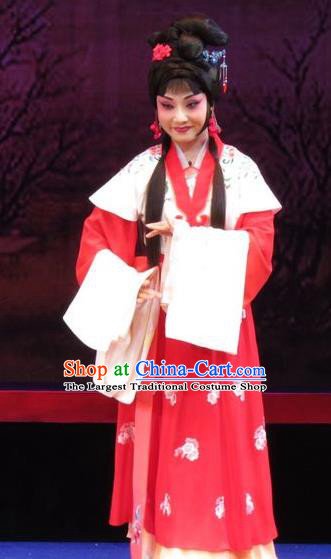 Chinese Ping Opera Xiaodan Apparels Costumes and Headpieces The Five Female Worshipers Traditional Pingju Opera Young Lady Cui Yun Red Dress Garment