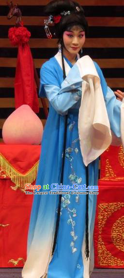 Chinese Ping Opera Huadan Apparels Costumes and Headpieces The Five Female Worshipers Traditional Pingju Opera Actress Yang Sanchun Blue Dress Garment