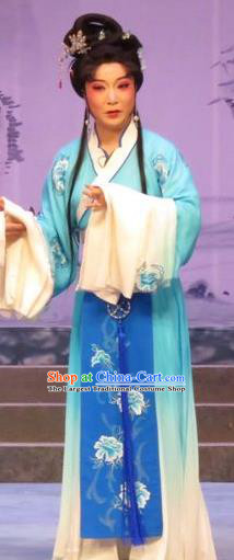 Chinese Ping Opera Country Female Apparels Costumes and Headpieces Legend of Love Traditional Pingju Opera Diva Blue Dress Garment