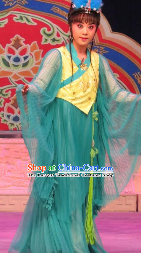 Chinese Ping Opera Hua Tan Apparels Costumes and Headpieces Legend of Love Traditional Pingju Opera Goddess Green Dress Garment