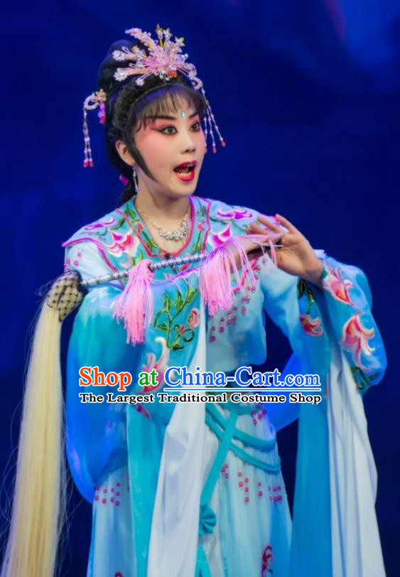 Chinese Ping Opera Hua Tan Goddess Apparels Costumes and Headpieces Legend of Love Traditional Pingju Opera Actress Blue Dress Garment