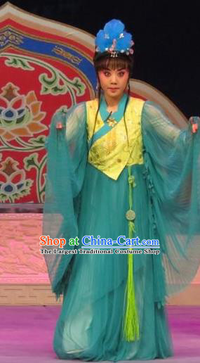 Chinese Ping Opera Hua Tan Apparels Costumes and Headpieces Legend of Love Traditional Pingju Opera Goddess Green Dress Garment