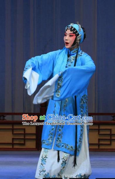 Chinese Ping Opera Hua Tan Apparels Costumes and Headpieces Linjiang Post Traditional Pingju Opera Actress Zhang Cuilan Blue Dress Garment